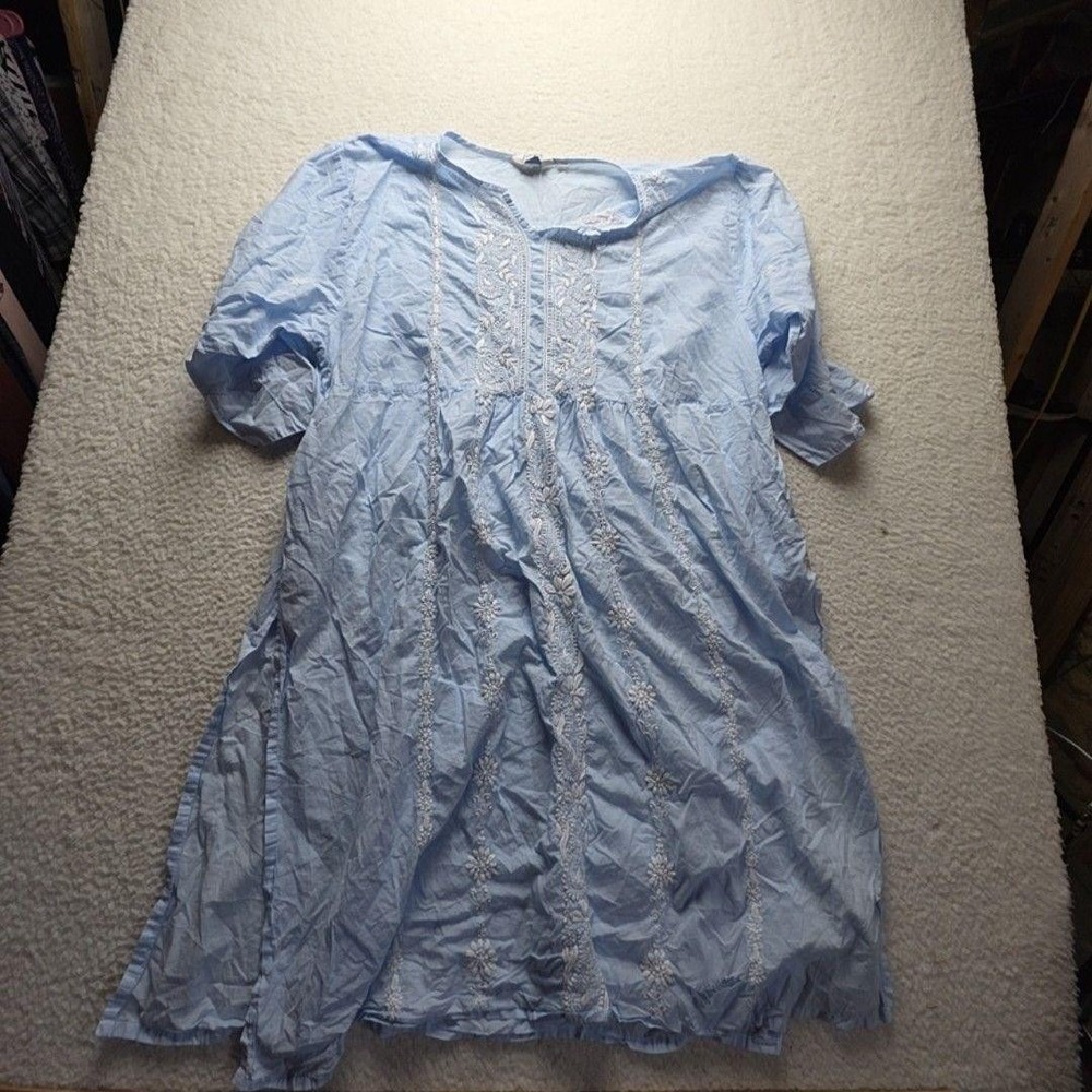 AYURASTRAM Dress Womens 3X Blue Solid Short Sleeve Round Neck Kaftan Midi